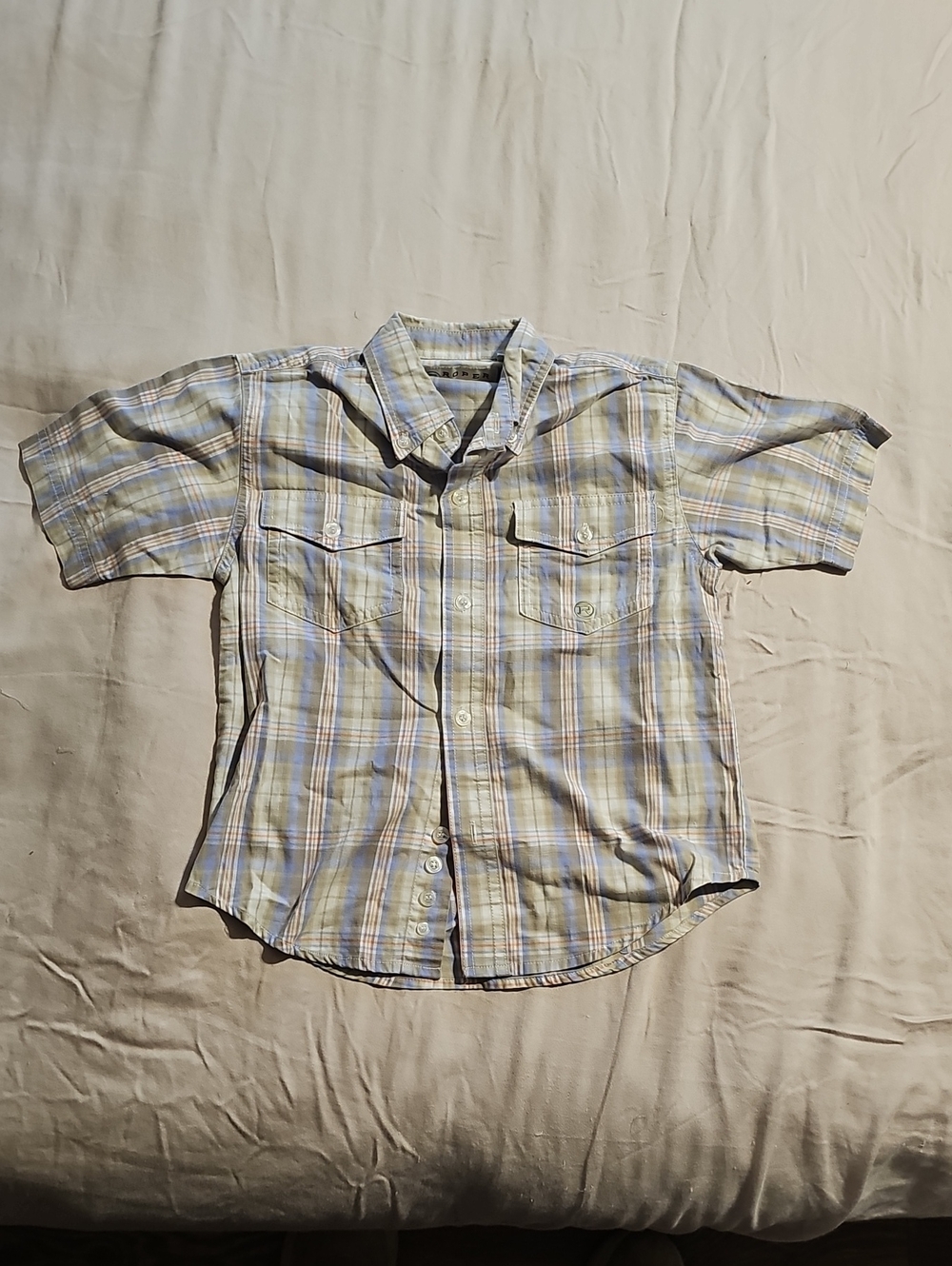 Roper Boys' Short-Sleeve Plaid Button-Up Shirt - Light Blue and Tan